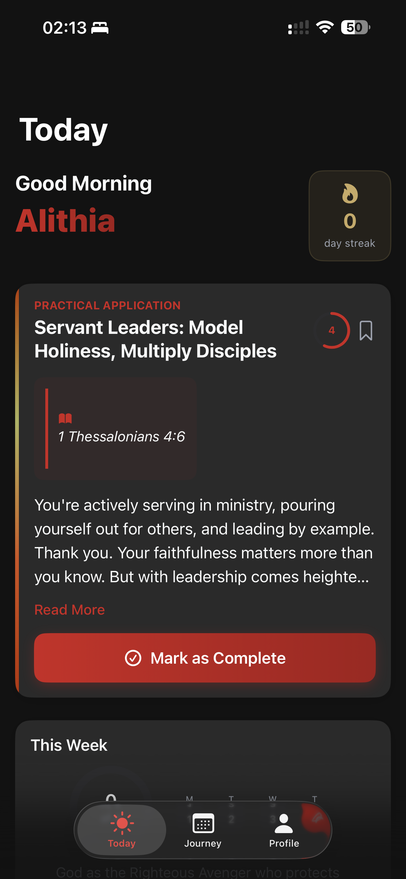 Today view — daily devotional with Mark as Complete