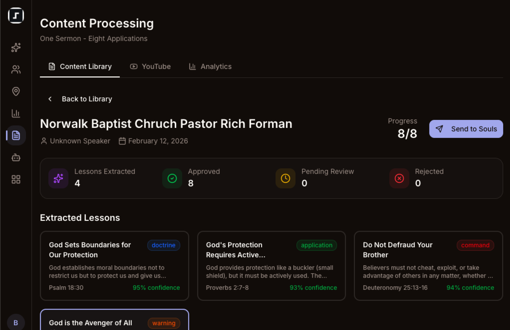 Content Processing — AI extracts lessons and generates applications